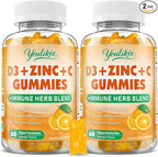 2 Pack Vitamin C + D3 + Zinc Gummies for Adults, Immune Support Supplement with Elderberry, Echinacea & Mullein Leaf - Antioxidant Support, Sugar Free, Orange Flavor, 120 Count