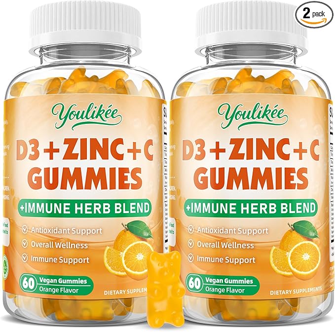 2 Pack Vitamin C + D3 + Zinc Gummies for Adults, Immune Support Supplement with Elderberry, Echinacea & Mullein Leaf - Antioxidant Support, Sugar Free, Orange Flavor, 120 Count