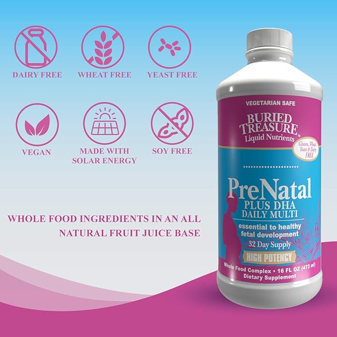 Buried Treasure Prenatal Plus DHA Complete, 16 oz Orange Banana Flavor, High Potency Liquid Formula Supplement for Before, During, Post Pregnancy, Natural DHA Omega3 Iron Vegetarian Safe w/Dose Cup