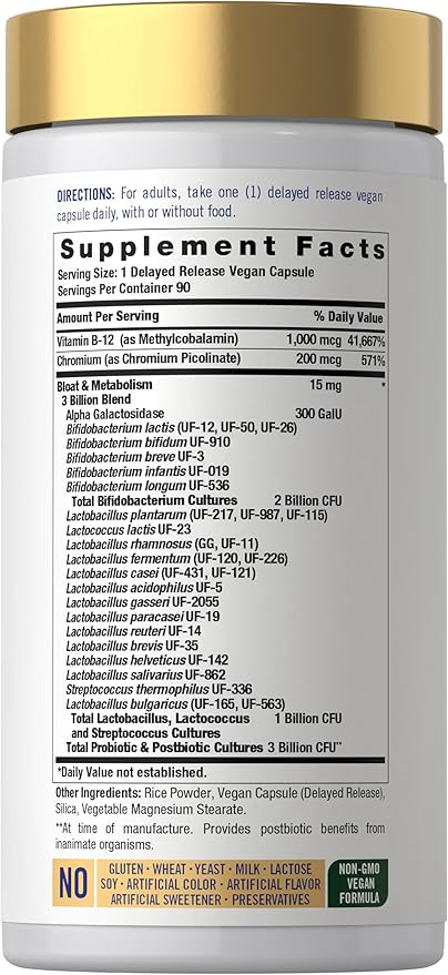 Carlyle Bloat and Metabolism Probiotic | 90 Capsules | Bloating Relief Formula | Sugar & Cellular Energy Support | for Women and Men | Vegan, Non-GMO, Gluten Free