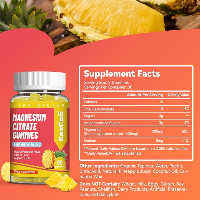 1400MG Magnesium Citrate Gummies, High Absorption Magnesium Gummies for Adults, Extra Strength Magnesium Gummy Supplement for Healthy Relaxation, Vegan, Non-GMO, 60 Count