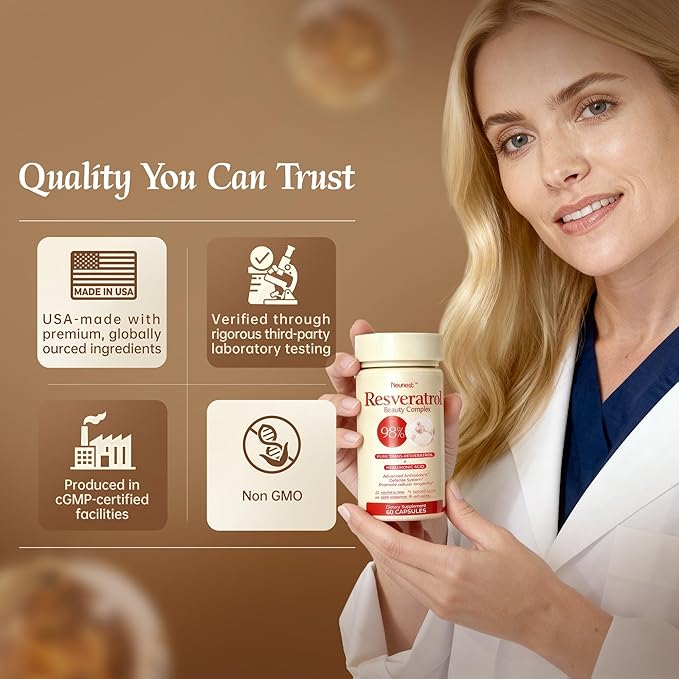 Resveratrol Supplement 98% High Purity Trans-Resveratrol Complex with Collagen Peptides & Hyaluronic Acid,Quercetin,Antioxidant Support for Skin & Beauty,Immune Health,Gluten-Free,60 Capsules
