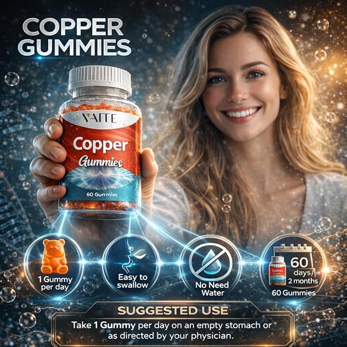 VAITE Copper Supplement Gummies 10 mg Amino Acid Chelate – Trace Mineral that Plays a Role in Collagen Formation, Gentle on Stomach, Supports Daily Nutrition & Balance – Vegan, Non-GMO, 60 Count