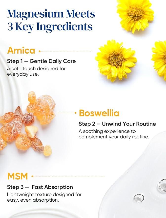 Magnesium Lotion with Arnica, MSM & Boswellia – Cooling Magnesium Cream – Lightweight Moisturizing Lotion for Legs & Feet – Safe for Kids – 6 fl oz