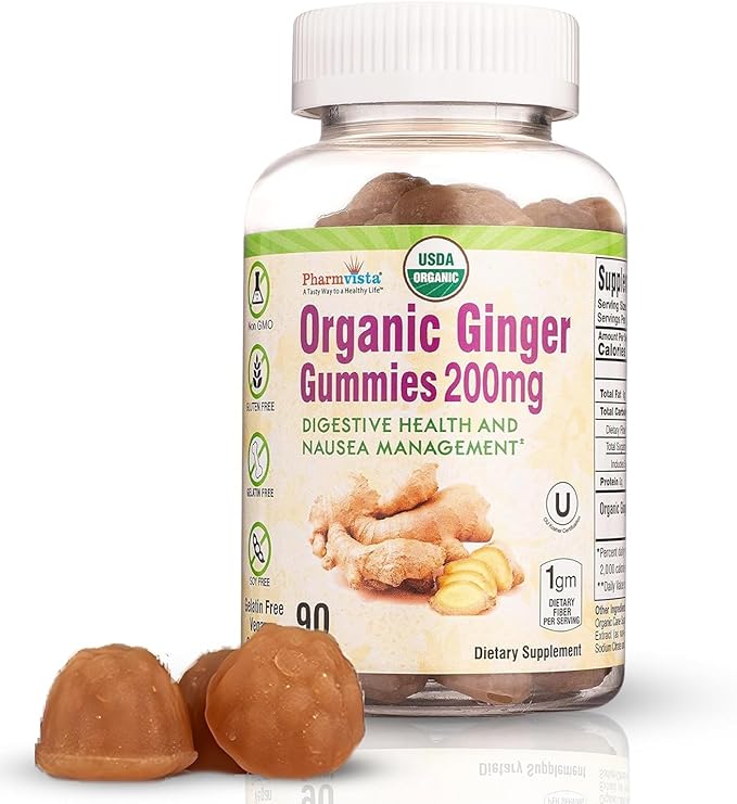 Pharmvista USDA Organic Ginger Gummies 200mg 90 Count for Nausea Management and Digestive Health