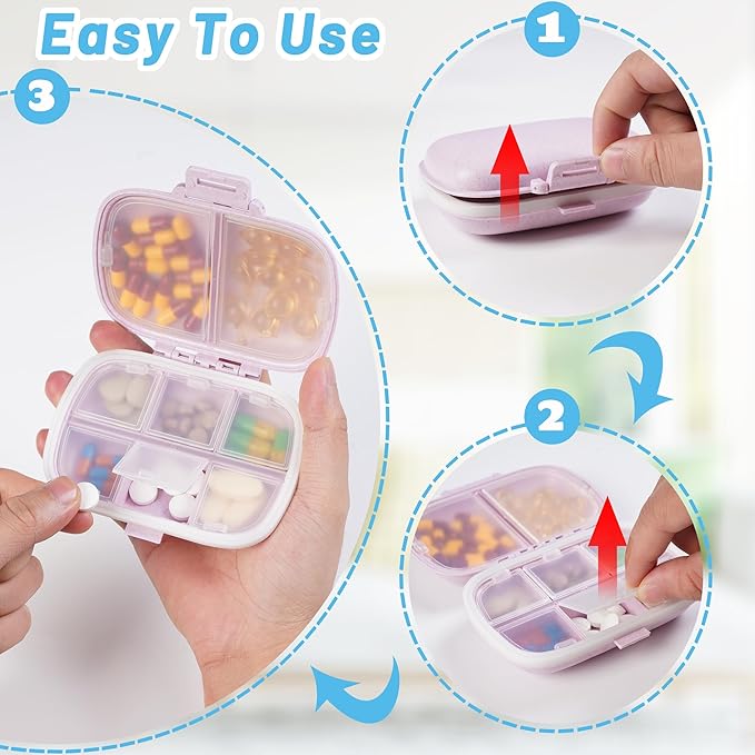 4 Pack Pill Organizer - Travel Pill Box with Label, 8 Compartment Daily Pill Case for Pocket Purse, Medicine Case, Waterproof Portable Pill Supplement Case, Travel Pill Container to Hold Vitamin