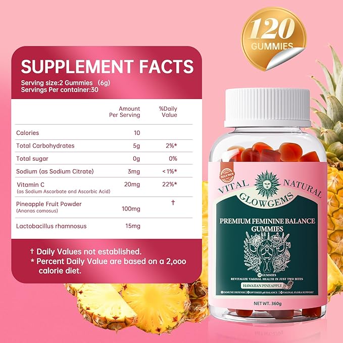 Premium Feminine Balance Gummies for Women - pH Balance & Wellness Support with Hawaiian Pineapple, Vegan Gluten-Free Supplement Vaginal Probiotic 120 Count