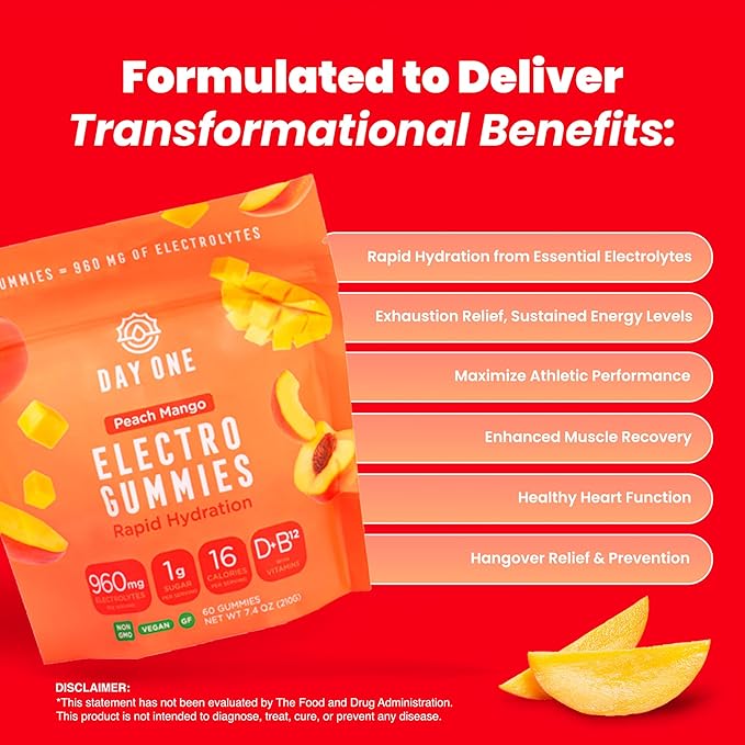 Day One Electrogummies - 60pcs. of Peach Mango Flavored Electrolyte Gummies for Hydration - Packed with Essential Electrolytes Ideal for Workouts, Running, Hiking and More