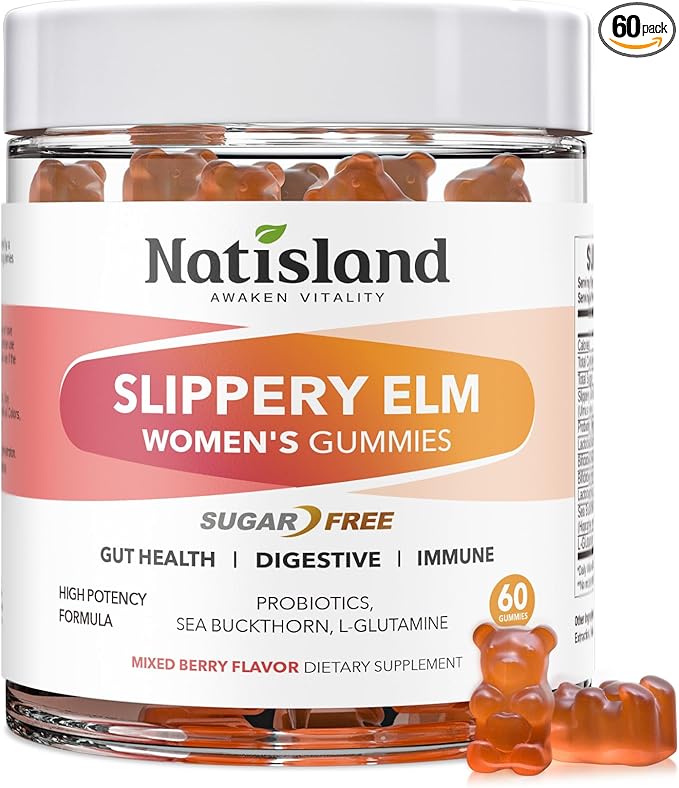 Slippery Elm for Women Gummies, Organic Slippery Elm Bark Extract with Probiotics, Sea Buckthorn, L-Glutamine for Gut & Digestive Health, Throat & Respiratory Support, Sugar Free, Vegan, 60 Gummies