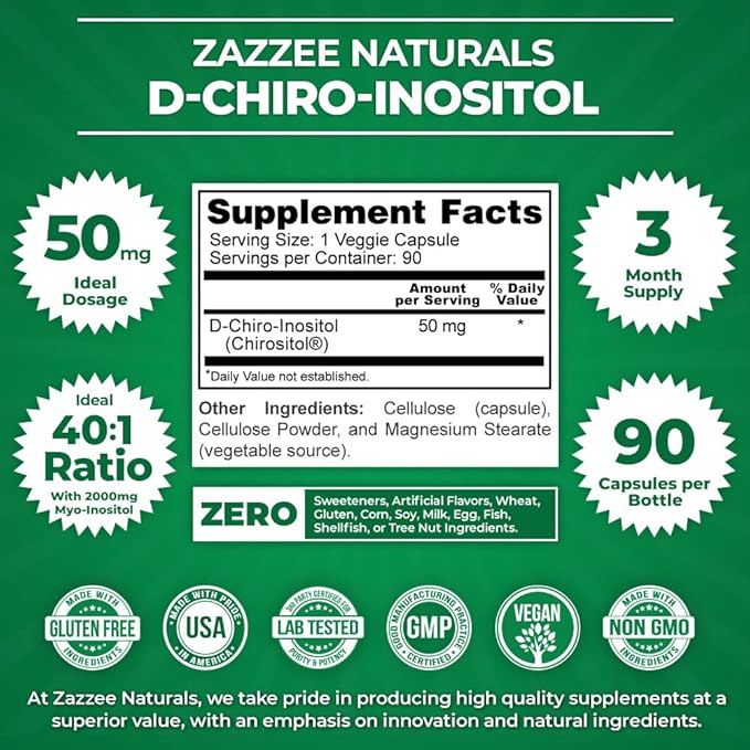 Zazzee 40:1 Ratio Myo and D-Chiro Inositol Supplement for Women | Myo Inositol Capsules Plus D-Chiro for Cycle Regulation Ovarian Support & Overall Hormone Balance for Women - Vegan & ISO Lab Tested