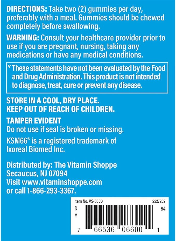The Vitamin Shoppe Ashwagandha 600 MG - Stress Support, Energy & Adaptogenic Wellness, Root Extract (60 Gummies)