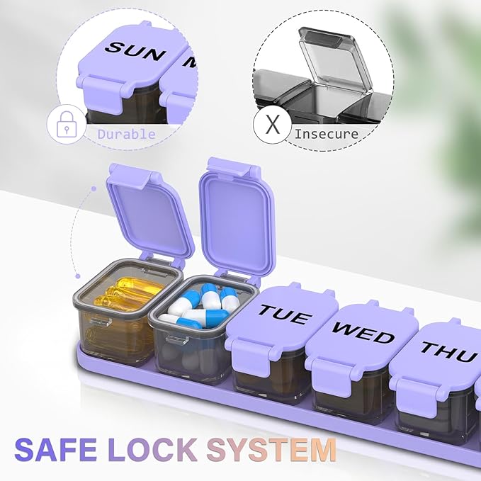 Extra Large Weekly Pill Organizer - XL Vitamin Holder with 7 Detachable Compartments, Portable Medicine Pill Organizer for Supplements, Daily Pill Case for Home and Travel,Purple