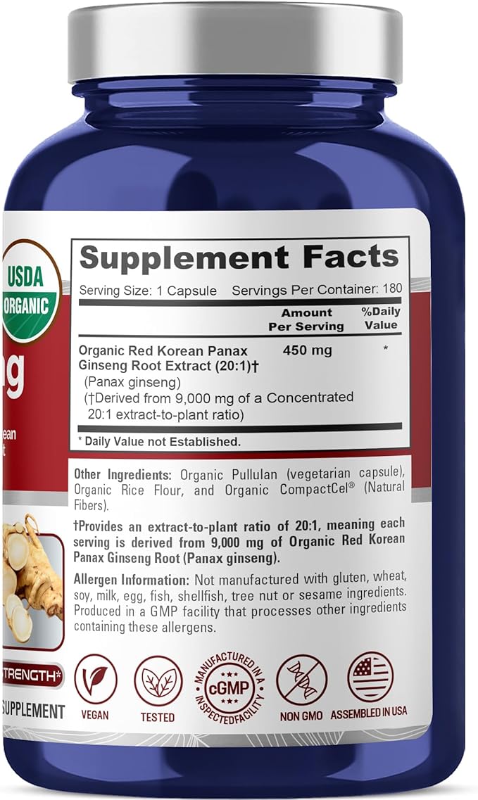 NusaPure Red Korean Panax Ginseng Capsules, 450 mg, 180 Veg Capsules (Non-GMO, USDA, Vegan)
