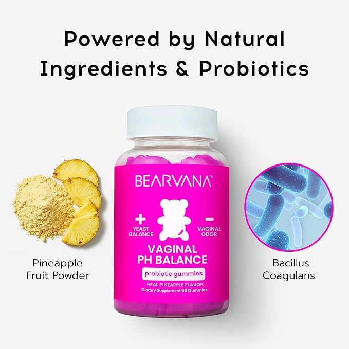 BEARVANA Vaginal pH Support & Probiotic Gummies for Women | Feminine Wellness & Intimate Care Supplement with Vitamin C | Pineapple Flavor | 60 Gummies