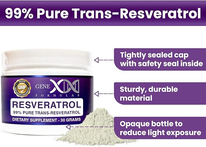 GENEX Trans Resveratrol 1000mg Powder Serving 99% Pure Micronized Pharmaceutical Grade | 30 Servings/30Grams | 1 Gram Per Day 30-Day Supply Made in a GMP & NSF Certified Facility
