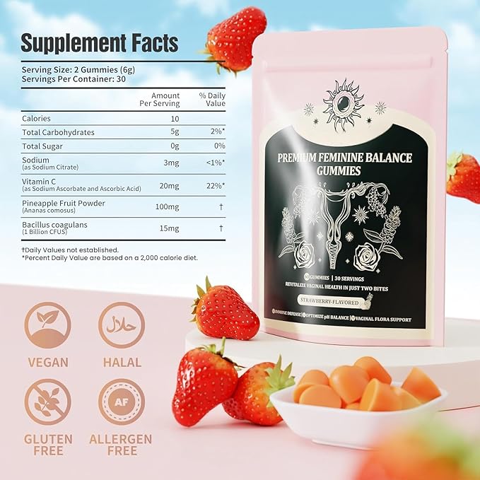Feminine Balance Gummies, Premium Balance Supplement for Women PH Health, Immune Support, Energy Support, Vegan, Gluten-Free, Strawberry Flavor, Delicious 60 Gummies, 1 Pack 30 Servings