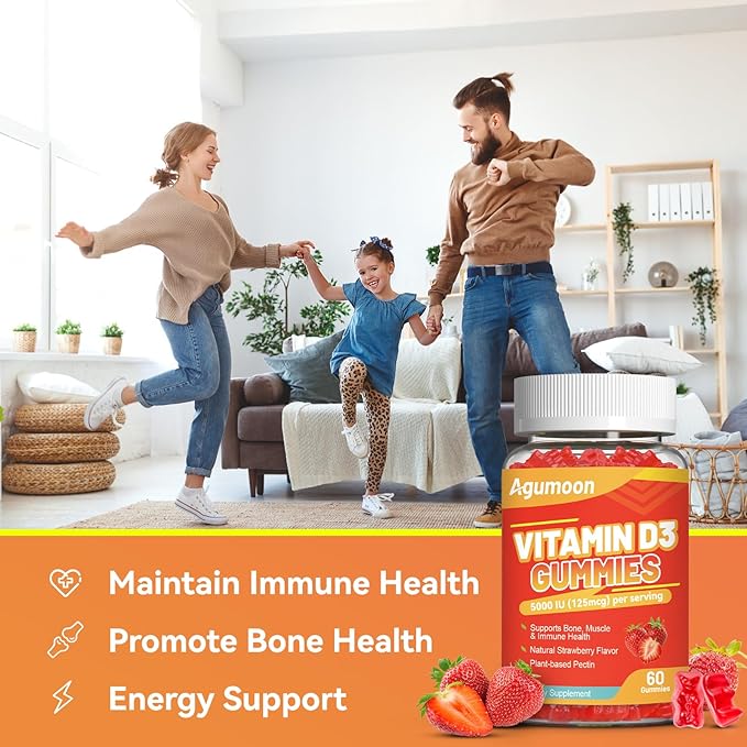2 Pack Vitamin D3 5000 IU 125mcg Gummies - Vitamin D Gummies for Adults, Support Immune, Bone, Muscle Health - Non-GMO, Gluten-Free, Dairy-Free, No Gelatin, 120 Count, Strawberry Flavor