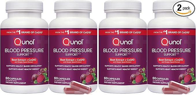 Qunol Blood Pressure Support, 3 in 1 Beets + CoQ10 + Grape Seed Extract, Beet Root Capsules That Supports Healthy Blood Circulation & Heart Healthy Energy, 60 Count (Pack of 4)
