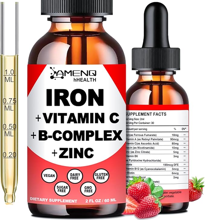Liquid Iron Supplement w/Vitamin C, A, B-Complex, Vegan Iron Drops High Potency Liquid Vitamin & Iron Supplements for Women, Men & Children -Support Red Blood Cell, Energy, Anemia & Fatigue