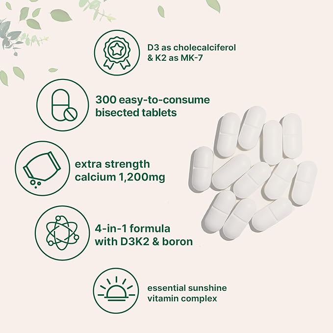 Calcium 1,200mg with Vitamin D3 & K2, 300 Tablets | Calcium Supplements for Women & Men | Mineral Complex Support Bone, Teeth, Colon & Cardiovascular Health | Non-GMO, Gluten-Free
