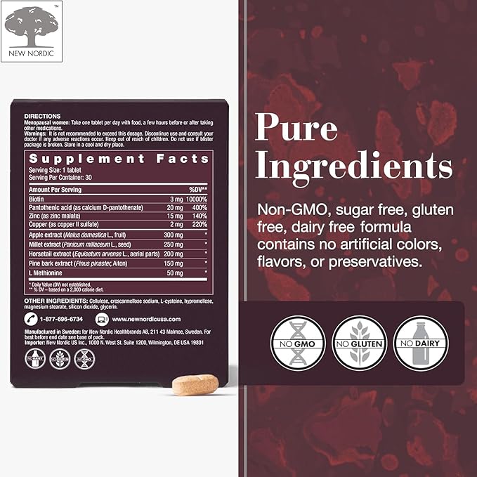 New Nordic Hair Volume Menopause, Supports Healthy Hair Growth During and After Menopause, Pine Bark and Annurca Apple Extract, 30 Tablets