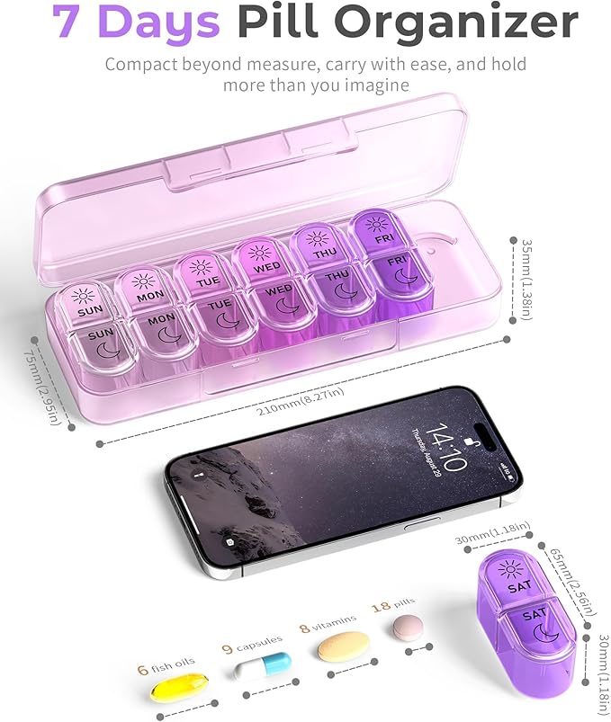 Pillex Pill Organizer, Am & Pm Pill Organizer 7 Days, Weekly Pill Case 2 Times a Day, Cute Pill Box 7 Day, Medicine Organizer for Travel, Vitamins, Fish Oils, Supplements (Gradient Pink-Purple)