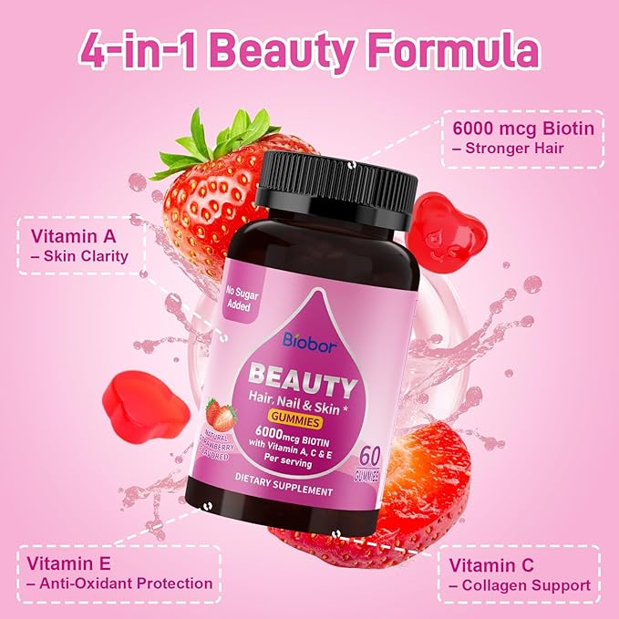 Natural 6000mcg Biotin Gummies No Sugar Added, Hair Skin and Nails Beauty Gummies with Vitamins A C E for Women Men, GMO Free, Gluten Free