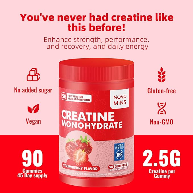 Novomins Creatine Monohydrate Gummies 5000mg for Men & Women, Chewables Creatine Monohydrate for Muscle Strength, Muscle Builder, Energy Boost, Pre-Workout Supplement(90 Count)-Strawberry Flavor