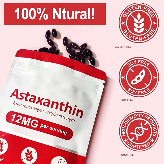 Astaxanthin Supplements,12mg Astaxanthin Natural Anti-Aging Formula - Supports Eyes, Joint, Internal Circulation & Skin Health, Non-GMO Non-Gluten