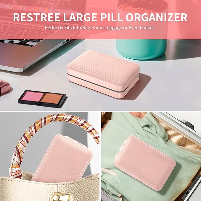 Restree Weekly Pill Organizer 8 Compartment, [Triple Seal Magnetic Lock] Travel Pill Case with Labels & Inner Lid, Moisture Proof for Vitamins, Fish Oil, Supplements, Daily Meds – 7+1 Large (Pink)