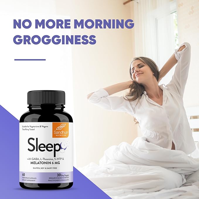 Sandhu's Sleep 60 Capsules –Non-Habit Forming 5-in-1 Sleep Aid Supplement with Melatonin, Magnesium, GABA, L-Theanine & 5-HTP