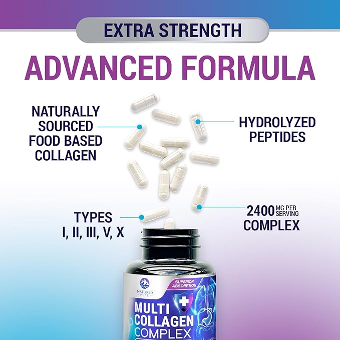 Multi Collagen Peptides Supplement for Hair, Nail, Skin - Type I, II, III, V, X, Collagen Powder Pills - Grass-Fed, Hydrolyzed for Bone and Joint Support for Women & Men, Non-GMO - 60 Capsules