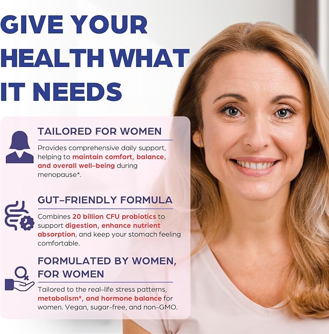 Menopause Supplements for Women, Sugar-Free, 16-in-1 Menopause Relief with Black Cohosh & Ashwagandha, 20 Billion CFU Probiotics, Hormone Harmony for Women, Night Sweats & Mood Swings, 60 Gummies