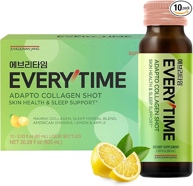 JUNG KWAN JANG Everytime Adapto Collagen Shot - Skin and Immune Support - Liquid Adaptogen Drink with Marine Collagen, Korean Red Ginseng & Vitamin C - No Gluten, No Caffeine (10 Bottles, 2.03 fl oz)