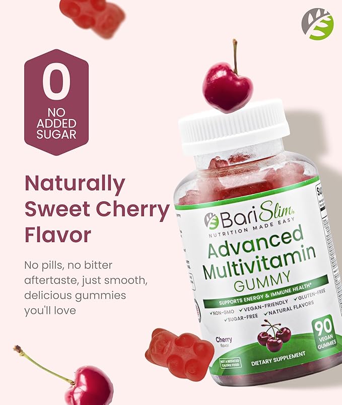 BariSlim Advanced Bariatric Multivitamin Gummies - Specially Formulated Bariatric Vitamins for Patients After Weight Loss Surgery - Supports Energy & Immune Health | Cherry (90 Vegan Gummies)