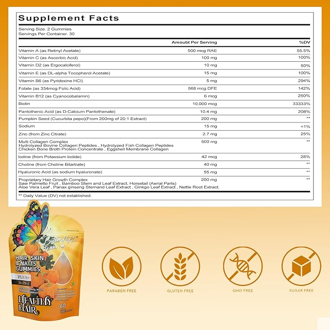 BUTTERFLY'S TEAR Hair, Skin & Nails for Women, Gummies with 10000mcg Biotin & Collagen Complex,Strong Vibrant Hair, Supports Shiny Nails, Healthy Skin, Extra Strength (Pineapple Flavor, 120 Count)