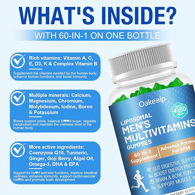 60-IN-1 Liposomal 120+ Nutrients Men's Multivitamin Gummy 4500MG+ Overall,300Billion Probiotics, Algal DHA, CoQ10, Turmeric & Herbal Blends,for Immune, Energy, Prostate, Heart, and Digestive Wellness
