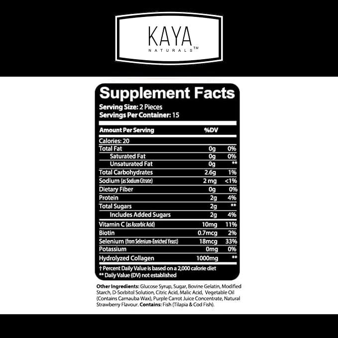 Kaya Naturals Collagen Gummies for Men & Women Supplement | Nature Made Gummies - 1000mg of Hydrolyzed Collagen, Vitamin C, Selenium & Biotin, Strawberry Flavor - 30 Count