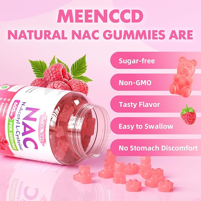 MEENCCD NAC Gummies, N Acetyl Cysteine 600mg, NAC Supplement for Antioxidants & Immune Support, Sugar-Free, Natural Raspberry Flavor, 60 Count