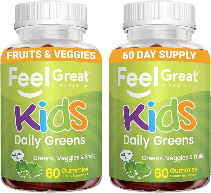Feel Great Super Green Gummies for Kids (2 Pack) | Fruit and Vegetable Gummies | Vegan Veggie Gummy Multivitamin for Kids | Veggie Fiber Supplement | 60 Count