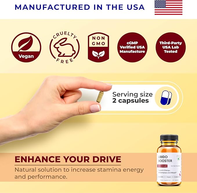 Male Libido Booster - Herbal Testosterone Supplement with Organic Maca Root, Korean Red Ginseng & L-Theanine – Gluten-Free Vegan Non-GMO Supplement (60 Caps)