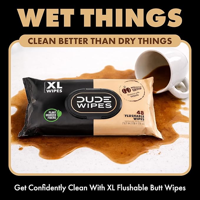DUDE Wipes Morning Grind Flushable Wipes - Coffee Scented Extra-Large Adult Wet Wipes - 6 Pack (288 Count) - Infused with Coffee Oil, Vitamin E, and Aloe - Septic and Sewer Safe