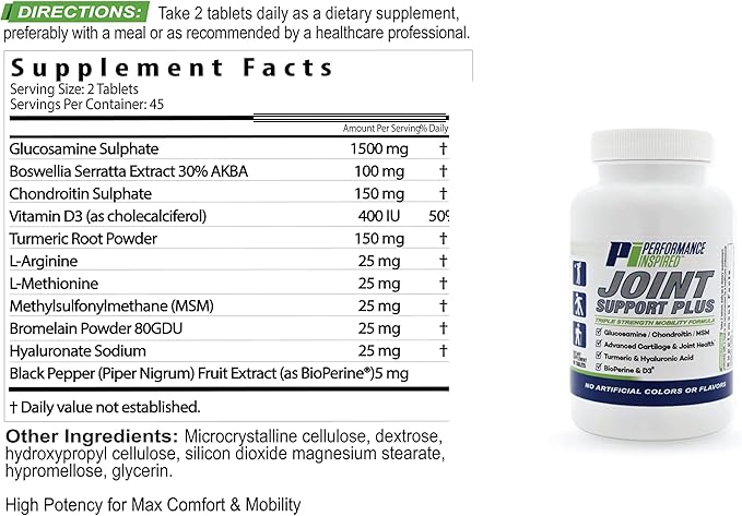 PERFORMANCE INSPIRED Nutrition Joint Support Plus – Glucosamine, Chondroitin, Turmeric & BioPerine – Triple Strength Joint Comfort & Mobility Support – 90 Count