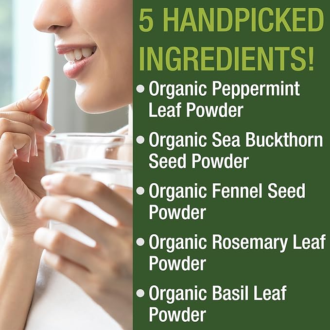 USDA Organic IBS Capsules for Relief, Ingestion, Bloating, Gas - Irritable Bowel Supplement with 5 Handpicked Organic Ingredients - Peppermint Oil, Sea Buckthorn, Fennel Seed, Rosemary Leaf, Basil