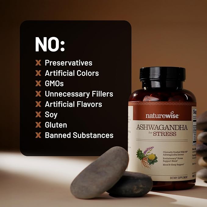 NatureWise Ashwagandha for Stress - With KSM-66 Extract, GABA, L-Theanine, Rhodiola Rosea - Herbal Mood & Sleep Support - Vegan, Non-GMO, Gluten-Free - 60 Capsules[1-Month Supply]