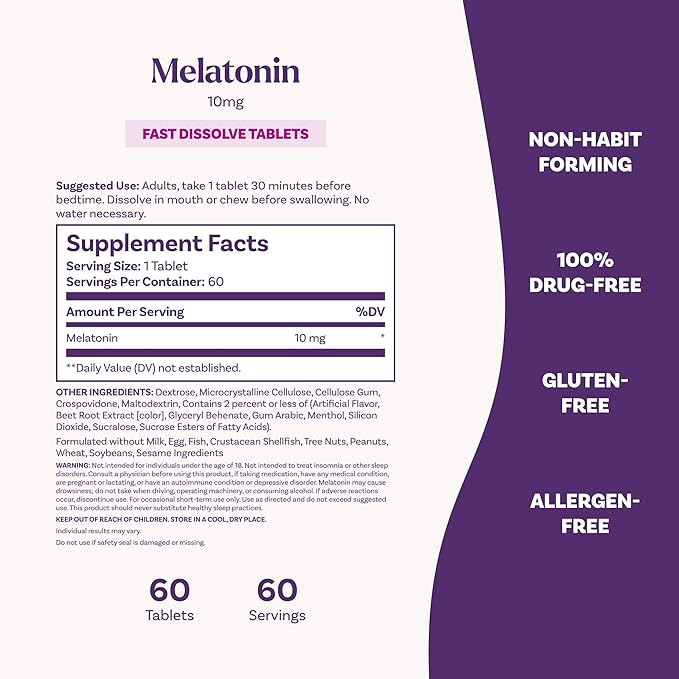 Natrol Melatonin 10mg Fast Dissolve Tablets - Strawberry Flavor, 60 Count, Sleep Support, Fast Dissolve Melatonin for Adults, 60-Day Supply