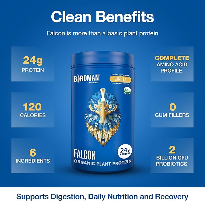 BIRDMAN Falcon Organic Vegan Protein Powder Vanilla, 24g Protein, Sugar Free, Probiotics, Low Carb, Keto Friendly, Dairy Free, Lactose Free, Non Whey, Plant Based Pea Protein Powder - 18 Servings