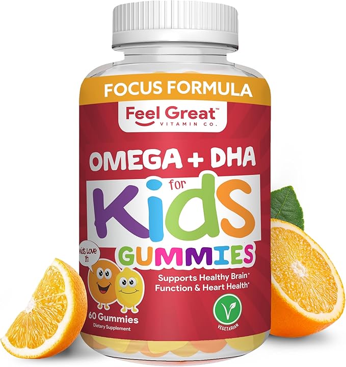Feel Great Vitamin Co. Complete DHA Gummies for Kids | with Omega 3 6 9 + DHA, Vitamin C | Supports Healthy Brain Function, Vision & Heart Health | Gluten Free, Vegetarian | 60 Gummies