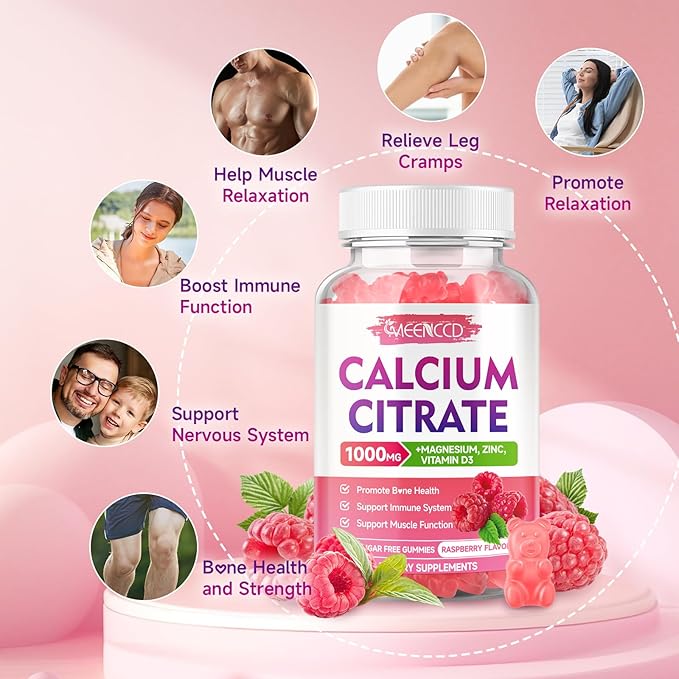 Calcium Citrate Gummies w/Vitamin D3, High Absorption Calcium Supplement for Women & Men, Plus Magnesium, Potassium, Zinc for Muscle & Immune Support, Sugar-Free, Raspberry Flavor, 60 Count