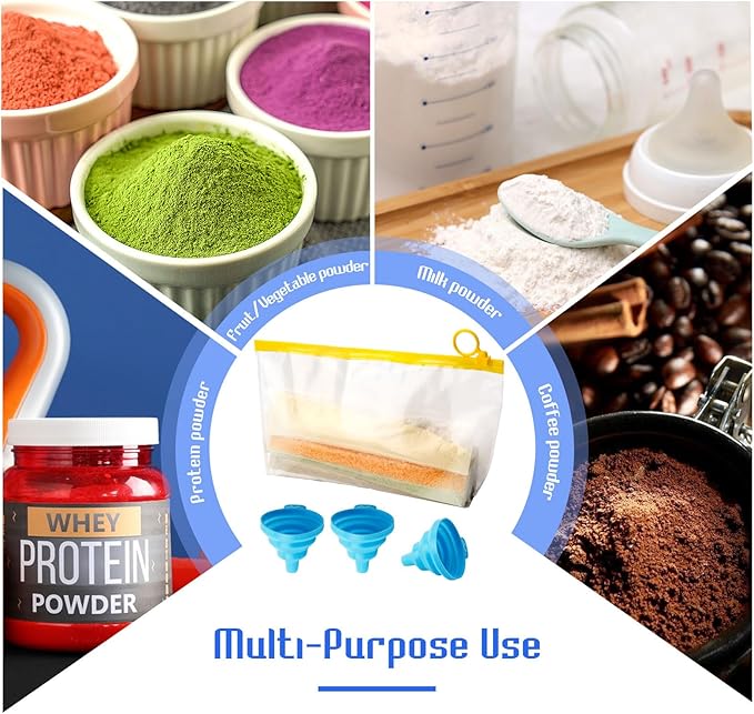 WALLFID Protein Powder Travel Container Set,Portable Powder Supplement Container,50pcs (1.78" x 8.7") Disposable Single-Dose Bags and 3pcs (9.9" x 5.6") Large Container Zipper Bags for Fitness,Travel